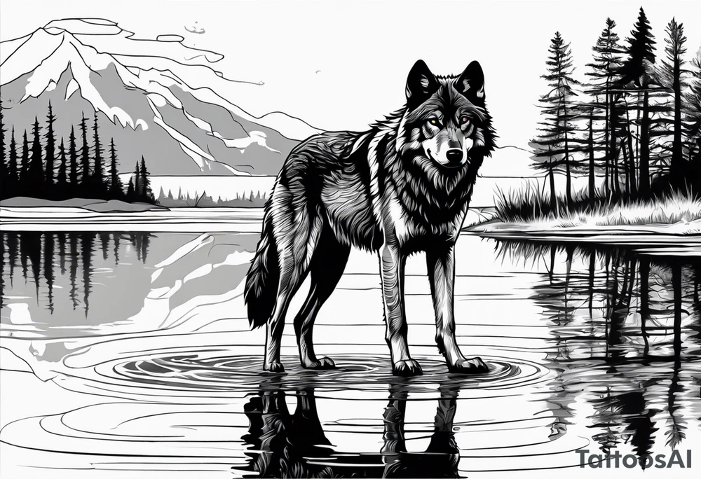 adult wolf standing alone at edge of water seeing him as a wolf pup in his reflection tattoo idea