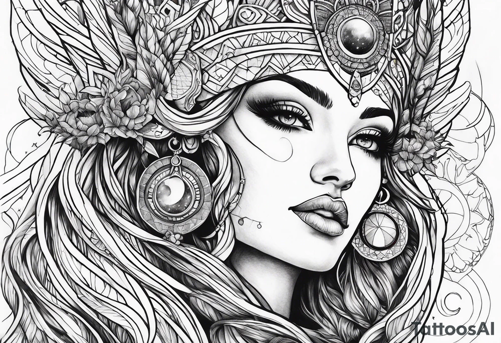 Close up of a beautiful goddess creating the universe tattoo idea