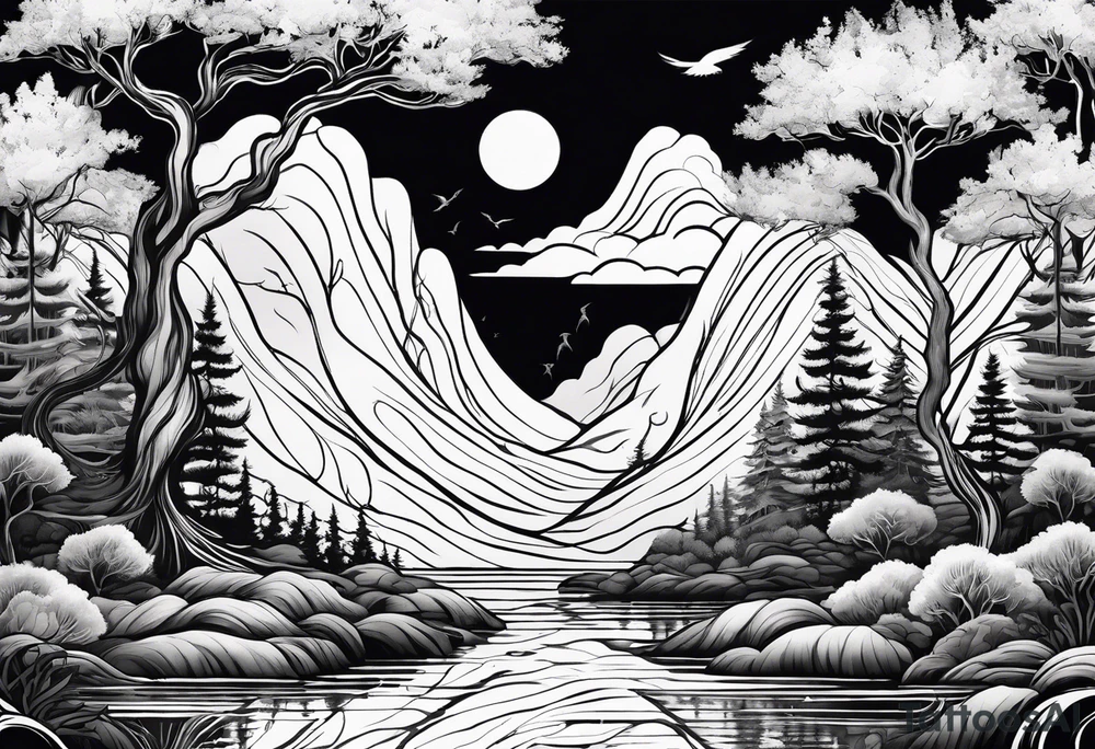 forest with water flowing and phoenix and roots and reflection waves and three birds tattoo idea forest with water flowing and phoenix and roots and reflection waves and three birds tattoo idea