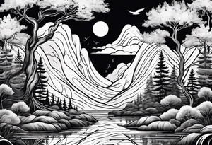 forest with water flowing and phoenix and roots and reflection waves and three birds tattoo idea