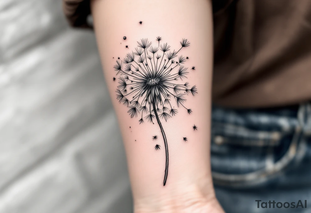 Faded botanical dandelion in graphite gray, with elegant linework and a few floating seeds with soft ochre tips. tattoo idea