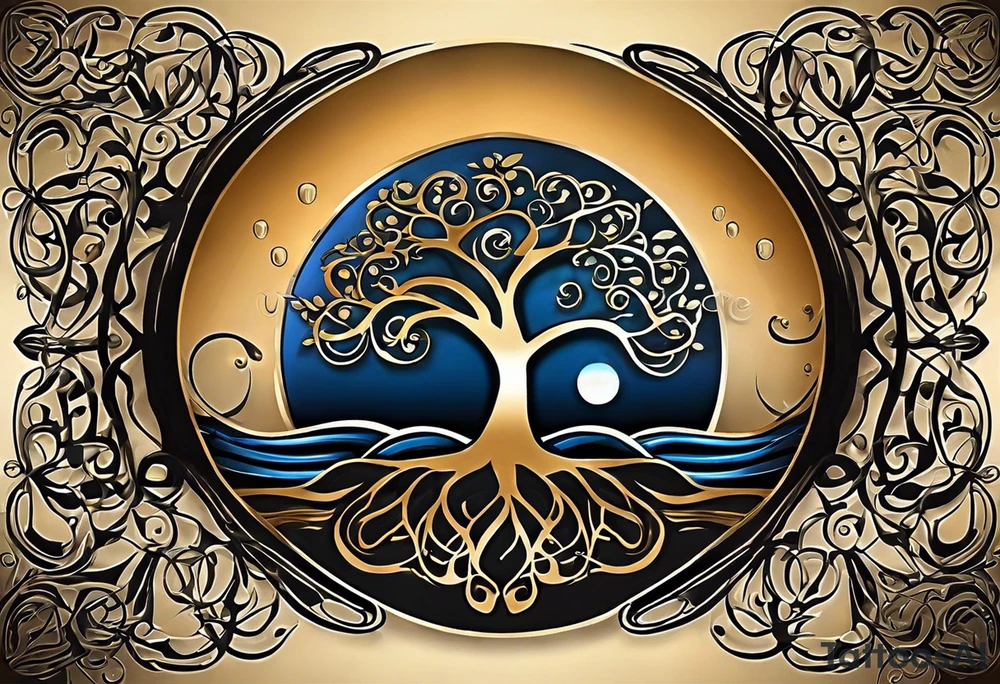 A tattoo design that incorporates the following elements: an abstract tree of life that has roots emerging  from the ground. Waves of water encapsulate the tree and wind around it in an organic way.  Incorporate music.   the letters U and A are overlapping and engraved into the tree. a golf ball incorporated but not prominent. tattoo idea