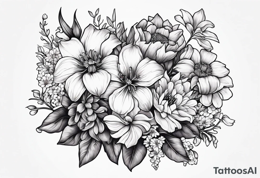 Flower bouquet filled with violets, irises and chrysanthemums tattoo idea