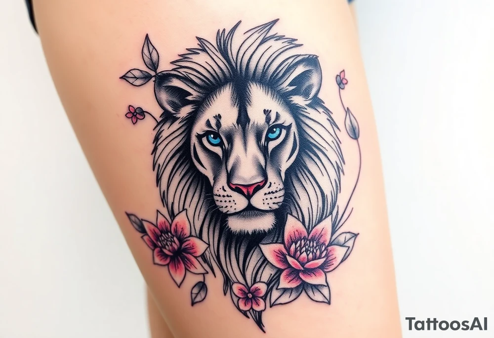 Lion with blue eyes surrounded by larkspur and water lily tattoo idea