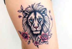 Lion with blue eyes surrounded by larkspur and water lily tattoo idea