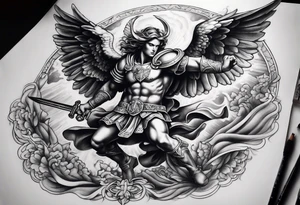 Arm sleeve of St Michael fighting the devil tattoo idea