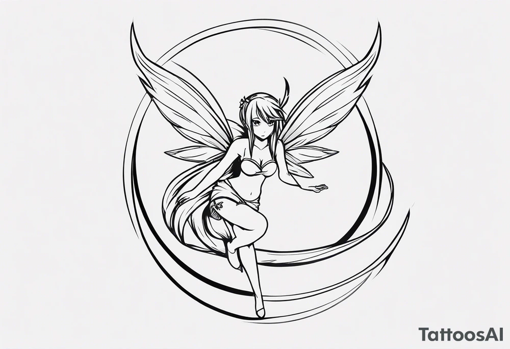 No color fairy with a tail inspired by the logo of the show called Fairy Tail in a fetal position leaning in and forward tattoo idea