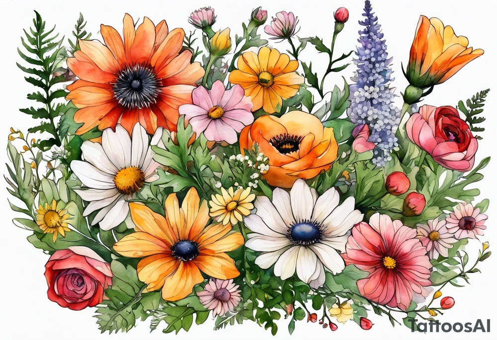 simple wildflowers with thistles, ferns, ranuculus, white anemones, sun flowers, red flowers, pink flowers, green flowers, buttercups, orange flowers, babys breath and daisies all in watercolor tattoo idea