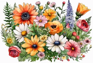 simple wildflowers with thistles, ferns, ranuculus, white anemones, sun flowers, red flowers, pink flowers, green flowers, buttercups, orange flowers, babys breath and daisies all in watercolor tattoo idea