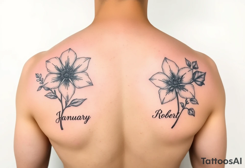 January birth flower with names James under it and March birth flower with name Robert under it tattoo idea
