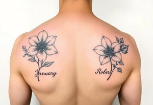 January birth flower with names James under it and March birth flower with name Robert under it tattoo idea
