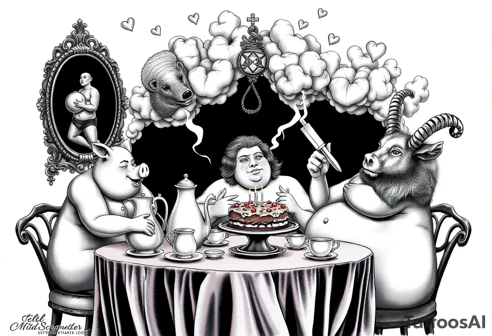 naked fat lady having a tea party with tea pots and 
with a pig, peacock, noose, lion, goat, smoking cigerettes looking in the mirror having sex with a man eating a cake thru storm clouds with knife and broken hearts and darkness and wrath, envy , gluttony, greed, sloth, pride tattoo idea