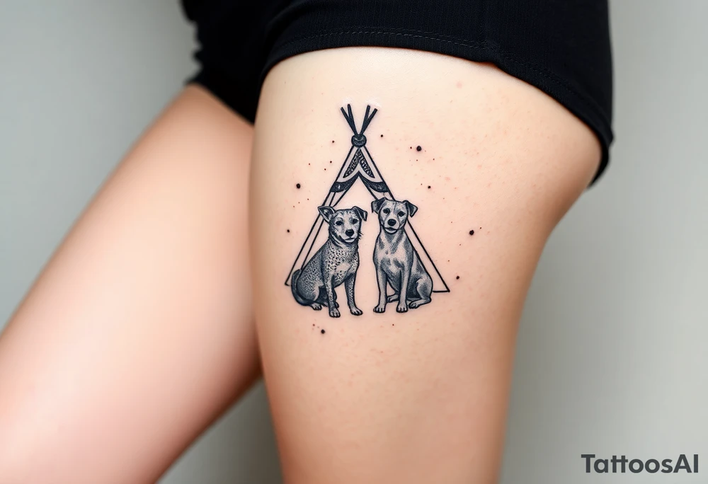 two dogs in front of a teepee tattoo idea