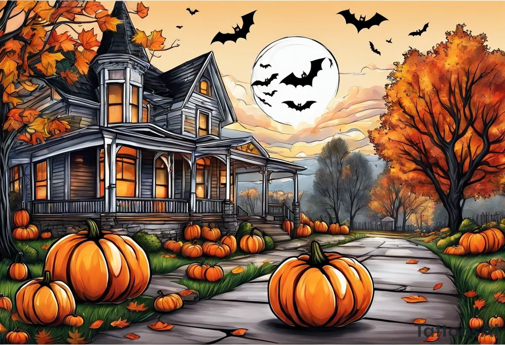 Midwestern street in fall with Halloween pumpkin tattoo idea