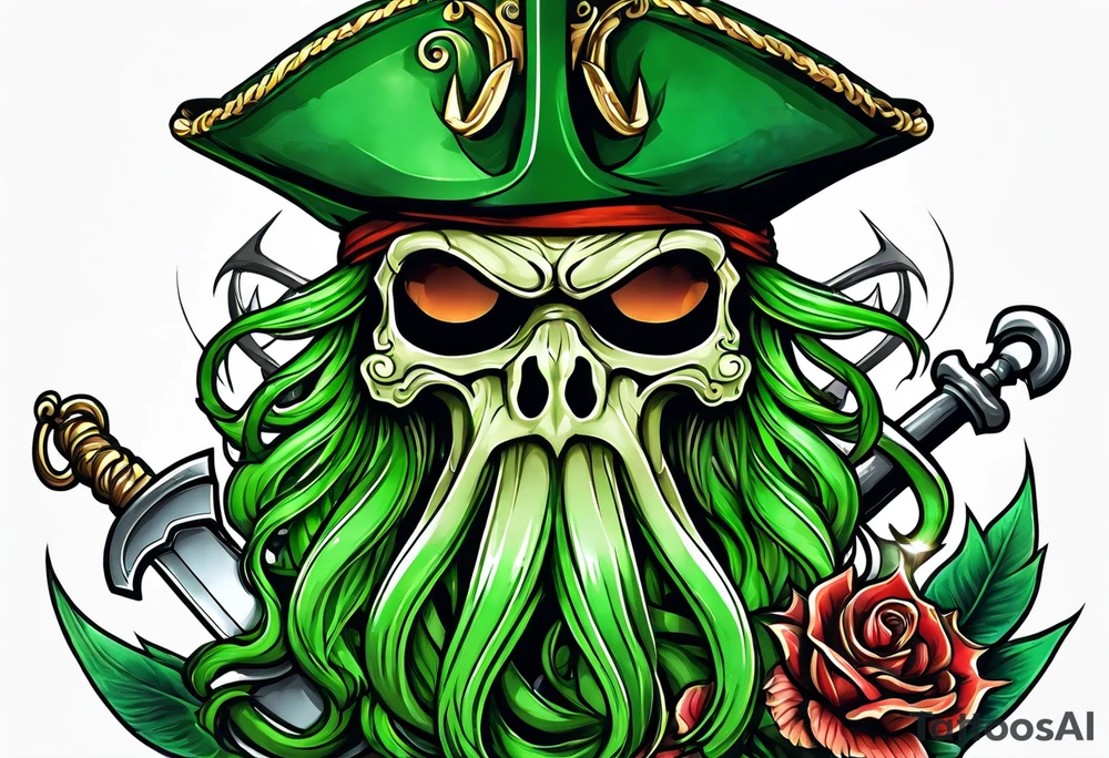 green pirate squid holding sword and anchor tattoo idea