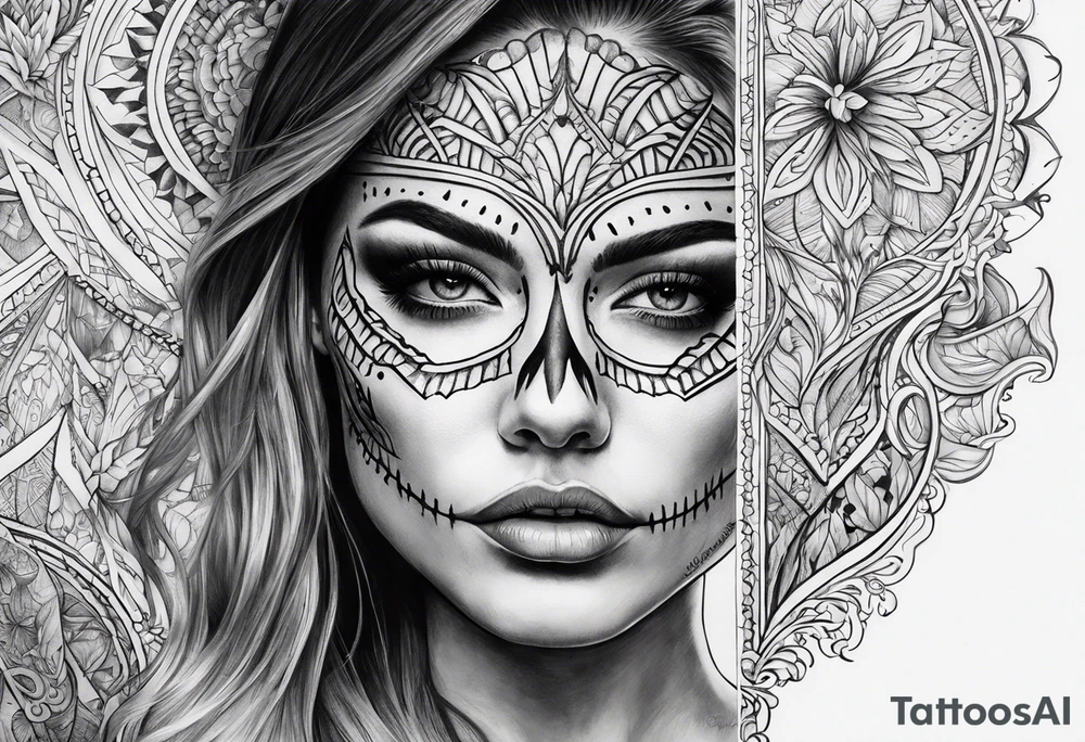 Woman’s face with half skeleton face tattoo idea
