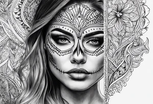 Woman’s face with half skeleton face tattoo idea