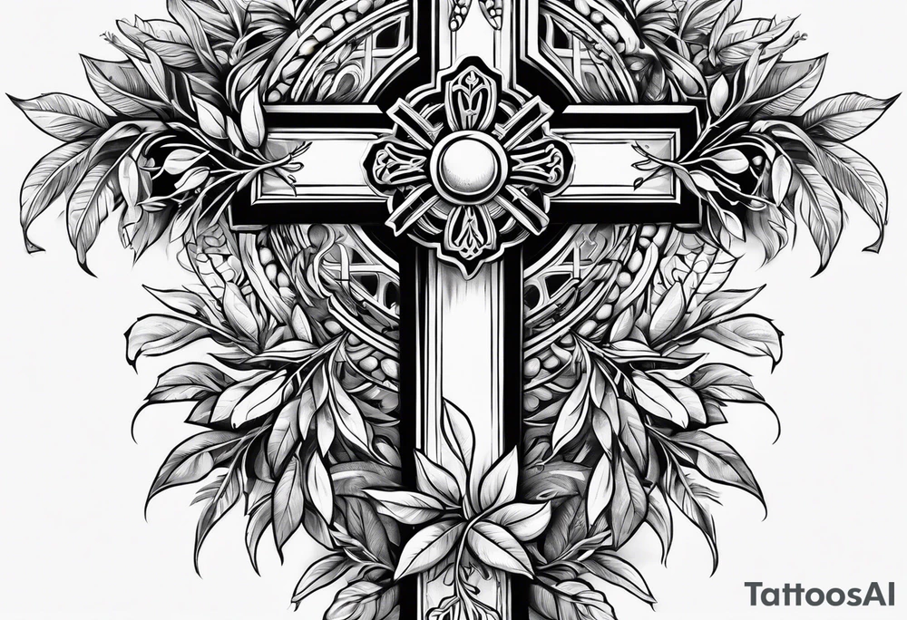 Christian cross with olive branches around it tattoo idea Christian cross with olive branches around it tattoo idea