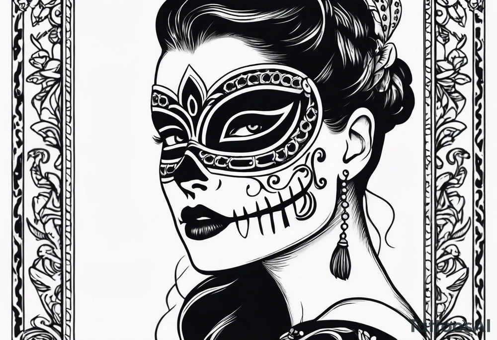 A skeleton removes a masquerade mask from its face tattoo idea