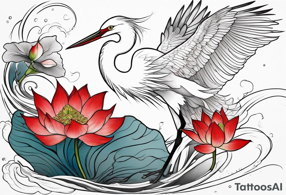 Egret and red lotuses tattoo idea