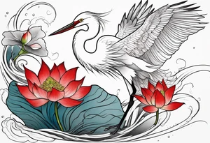 Egret and red lotuses tattoo idea