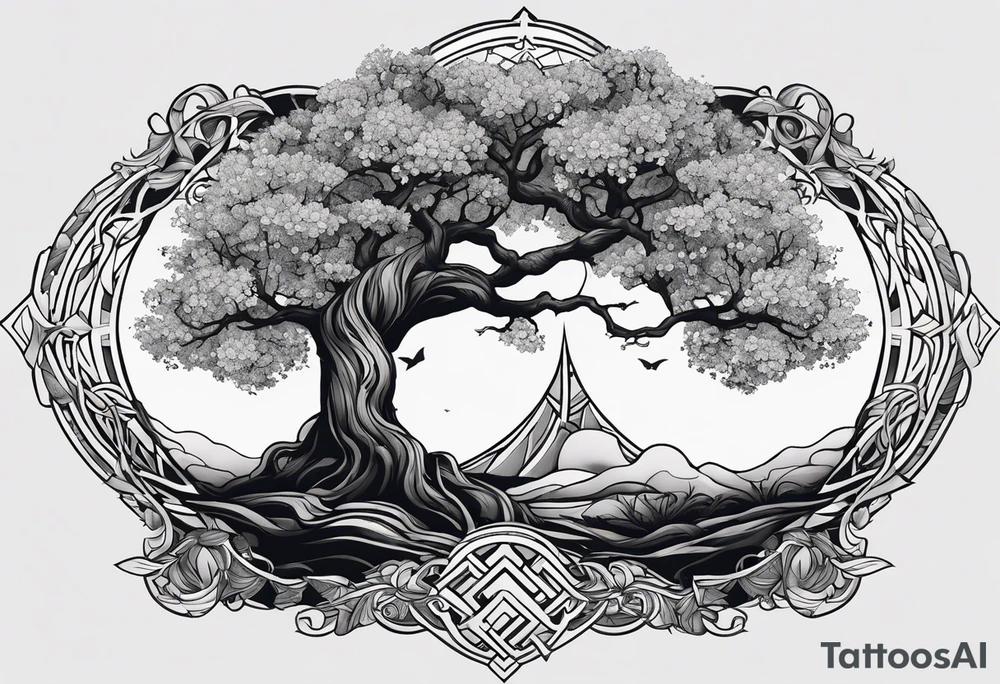 Tattoo dans le dos, yggdrasil et quelques éléments en plus, 5 ou 6 feuilles de cerisier en couleur, le logo de tommorowland vers les racines, une forme géométrique à l'arrière plan du tatouage tattoo idea