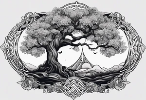 Tattoo dans le dos, yggdrasil et quelques éléments en plus, 5 ou 6 feuilles de cerisier en couleur, le logo de tommorowland vers les racines, une forme géométrique à l'arrière plan du tatouage tattoo idea