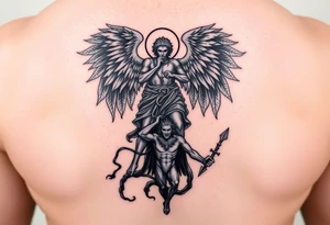 Silhouette of archangel Michael standing over Lucifer with a spear to his throat tattoo idea