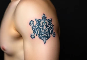 A medieval-style Czech lion emblem, with silver armor details and subtle red and blue highlights. tattoo idea