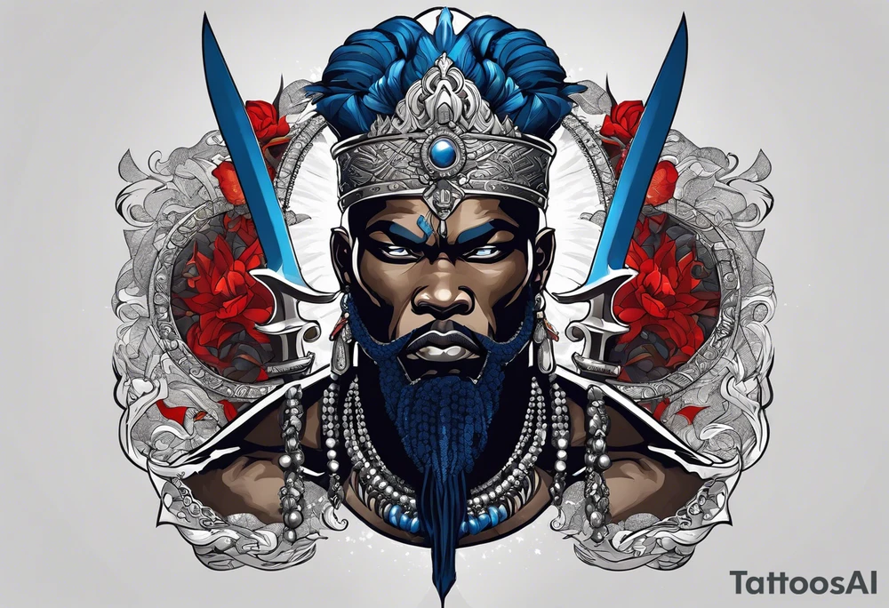 An african god, a bald warrior, that uses a sword and a silver crown. He also uses blue and red necklaces tattoo idea