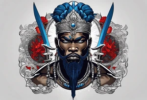 An african god, a bald warrior, that uses a sword and a silver crown. He also uses blue and red necklaces tattoo idea