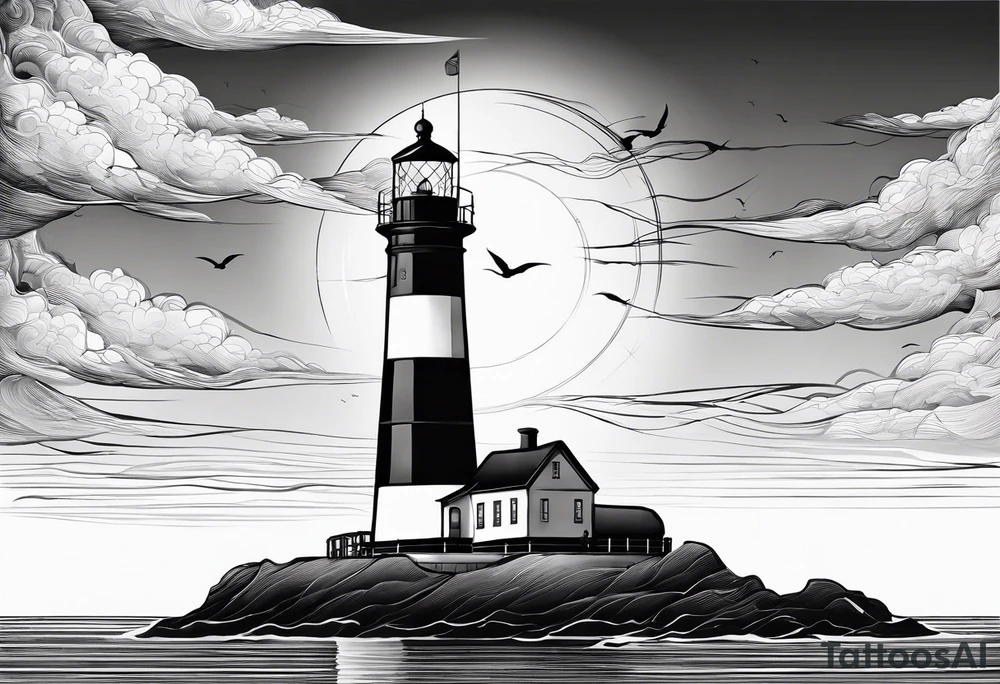 maritime lighthouse partially hidden by its large fixed sail. calm sea reflection. tattoo idea