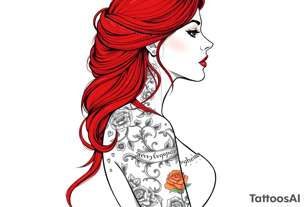 Woman with long red hair and red lipstick with lots of tattoos in her wedding dress tattoo idea