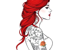 Woman with long red hair and red lipstick with lots of tattoos in her wedding dress tattoo idea
