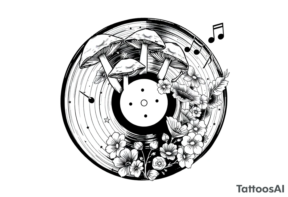 vinyl record with mushrooms, flowers, and music notes tattoo idea