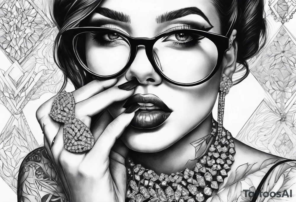 Woman with glasses biting diamonds add more diamonds tattoo idea