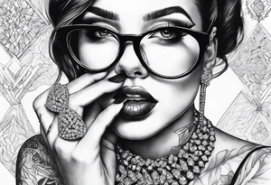 Woman with glasses biting diamonds add more diamonds tattoo idea