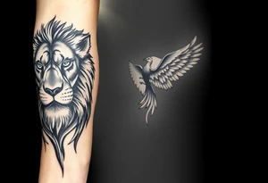 Lion face-on at forearm. phoenix face-on spreading wings evenly and rising from ashes into night sky and Leo zodiac tattoo idea