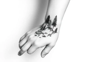 Simple large nature themed, covering the hand, going up the fingers and down the wrist. tattoo idea