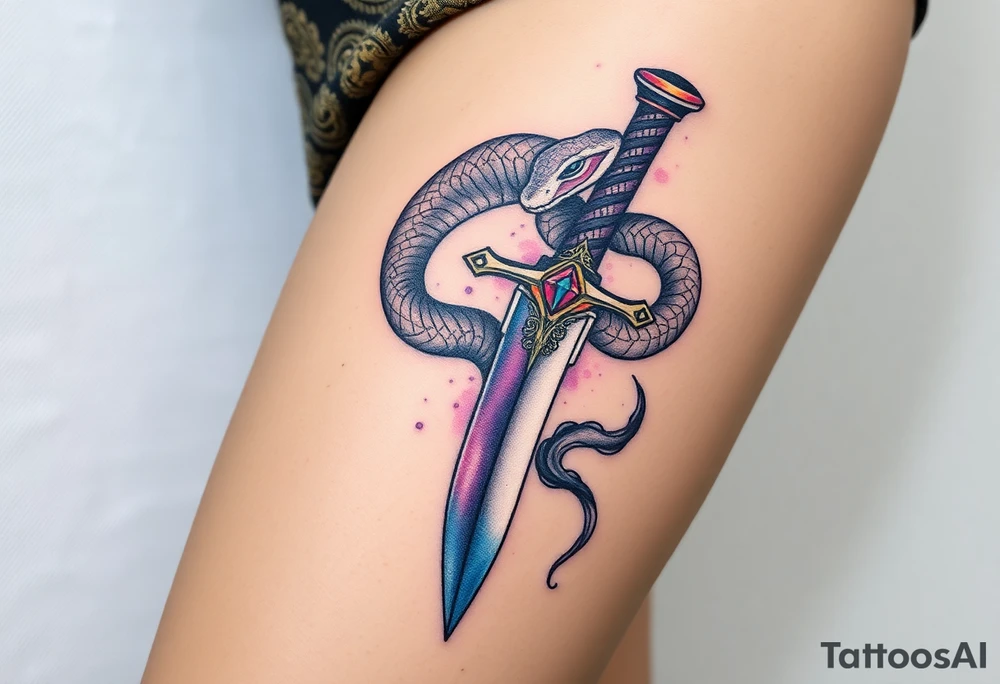 mystical snake coiled around an ancient dagger with jeweled hilt tattoo idea