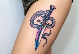 mystical snake coiled around an ancient dagger with jeweled hilt tattoo idea