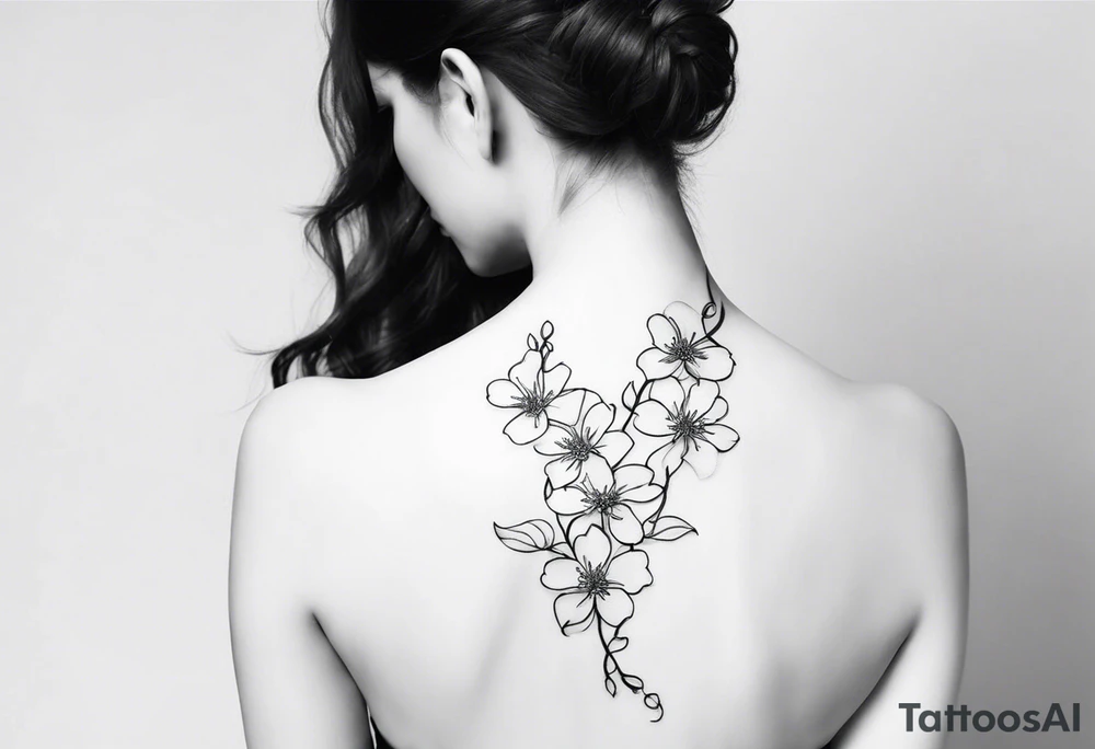 Create a delicate line art tattoo of intertwined vines and small blossoms, emphasizing elegance and simplicity. tattoo idea