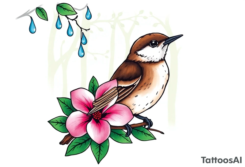 green forest background
blue rain drops
pink camelia flower
blue brown wren bird tattoo idea