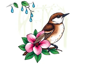 green forest background
blue rain drops
pink camelia flower
blue brown wren bird tattoo idea