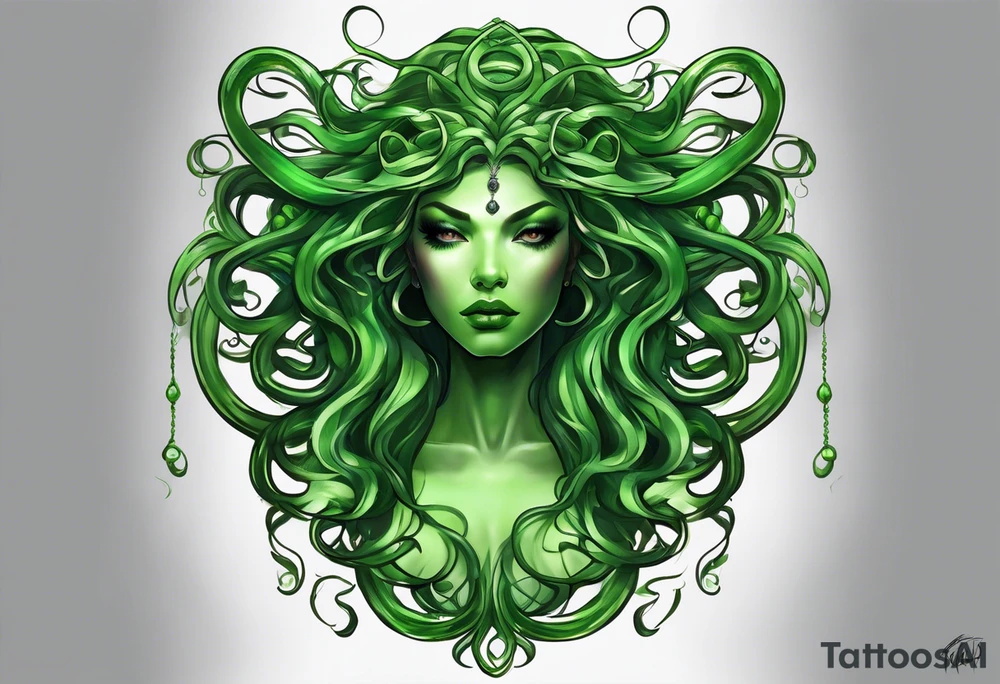 Here is a rough sketch of your Medusa tattoo concept:

- **Medusa's Full Body**: Positioned in the center, floating.
- **Glowing Eyes**: Highlighted in white to stand out against her green complexion.
- **Green Snakes for Hair**: Radiating in various directions from her head.
- **White Sheer Dress**: Flowing down her body, semi-transparent to hint at her form beneath.

This sketch captures the basic elements and composition. For a final design, a tattoo artist can add intricate details, shading, and texture to bring Medusa to life with the ethereal and mystical qualities you described. tattoo idea