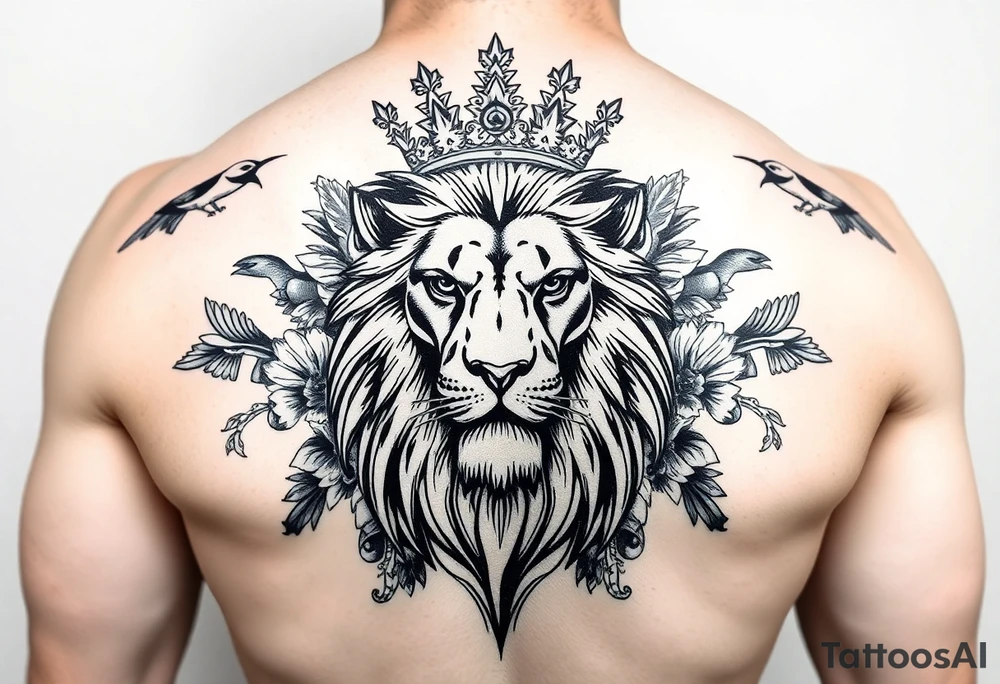 powerful majestic lion with a crown, surrounded by floral ornaments and birds tattoo idea