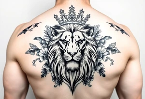 powerful majestic lion with a crown, surrounded by floral ornaments and birds tattoo idea