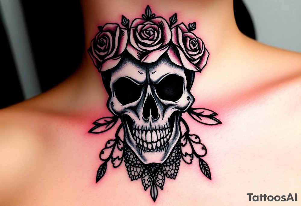 Bold vibrant gothic skull but also elegant and majestic wearing a rose crown also lace underneath tattoo idea
