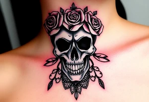 Bold vibrant gothic skull but also elegant and majestic wearing a rose crown also lace underneath tattoo idea
