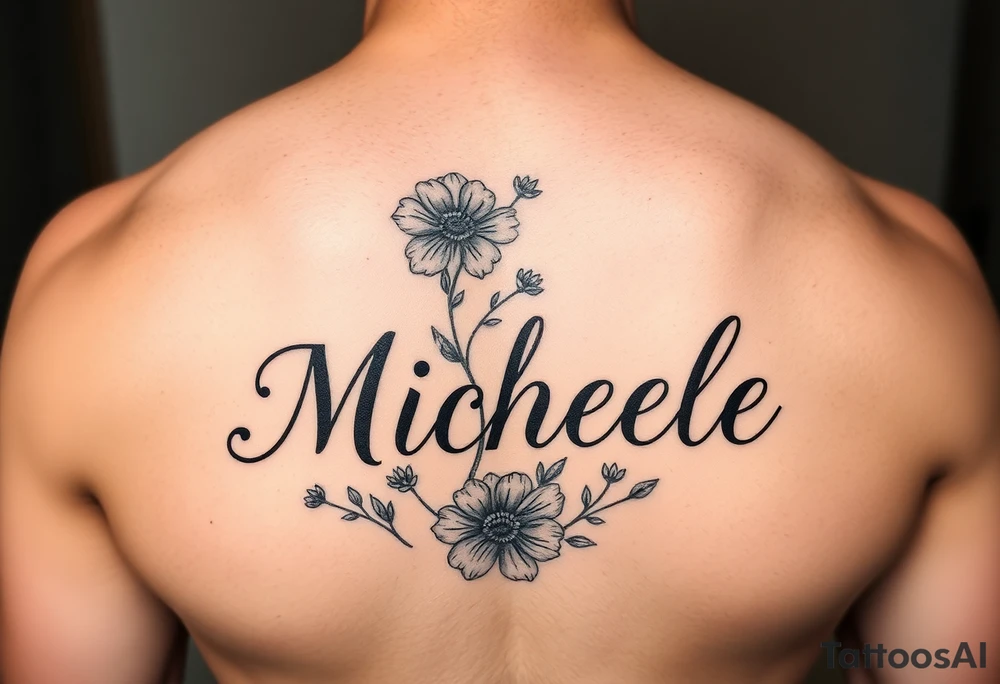 Create a tattoo on a man’s chest of the name Michelle. Wildflower theme tattoo idea